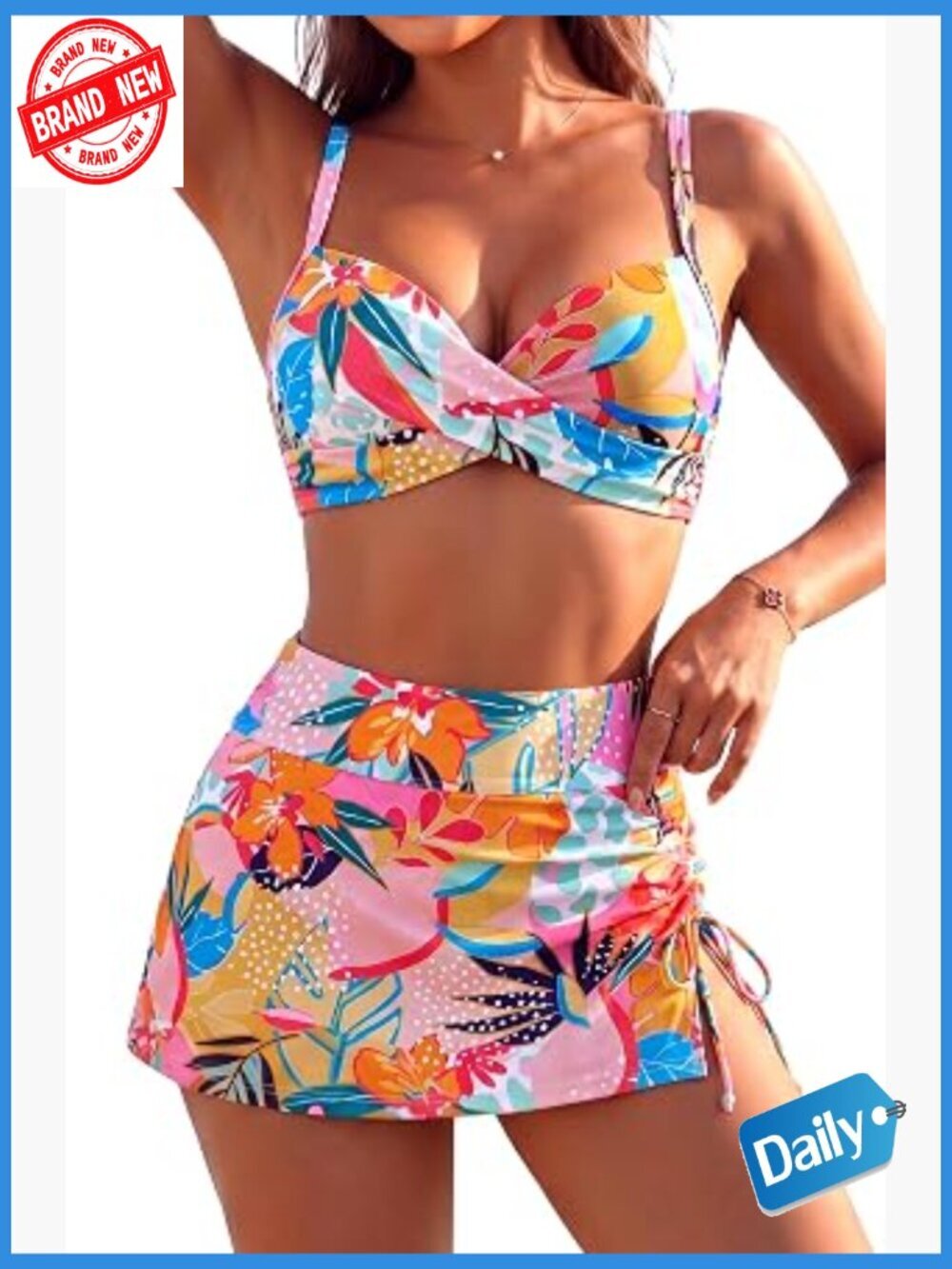 Underwire Bikini Set with High Waist Swim Skirt Tummy Control Two Piece